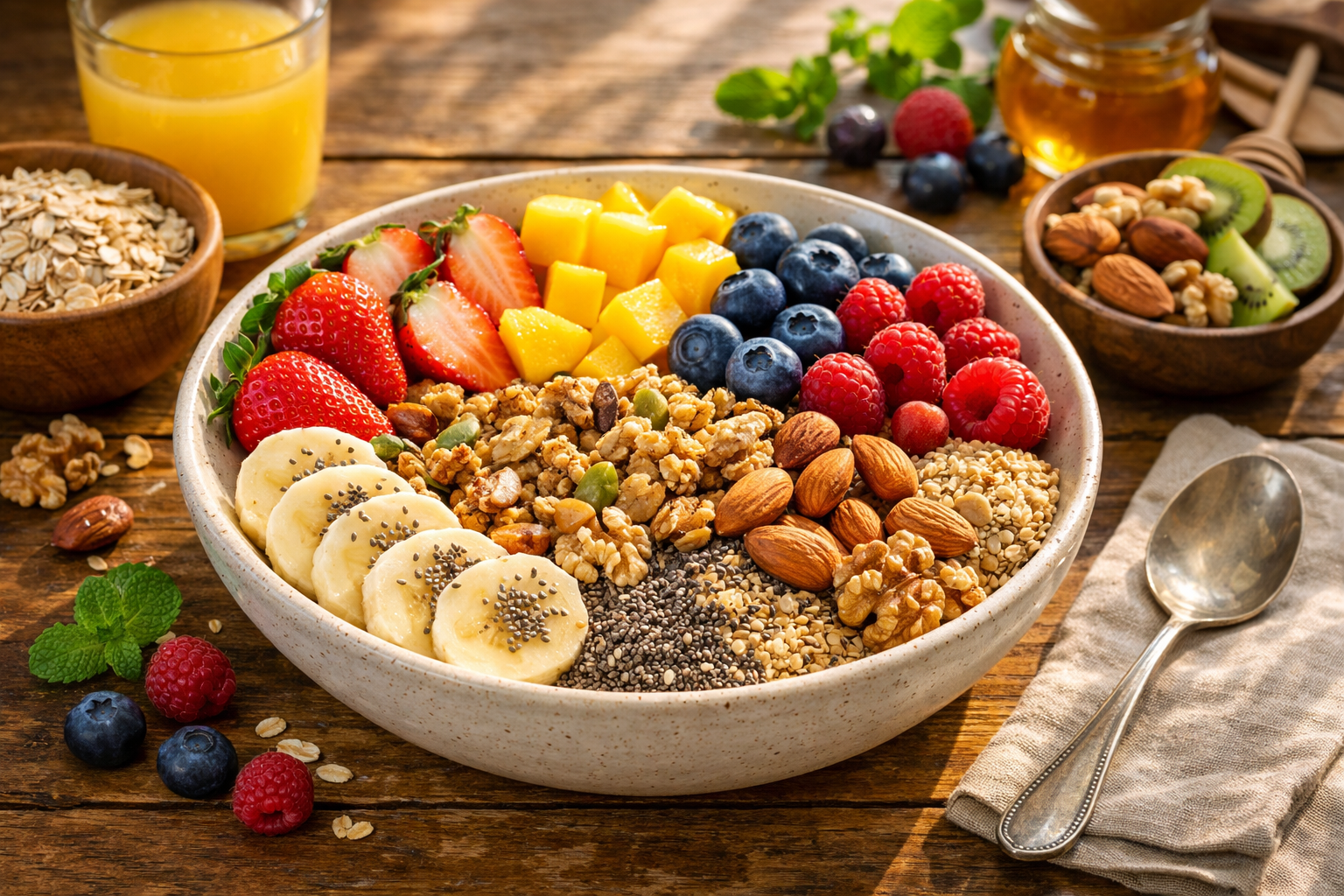 Healthy breakfast bowl with fresh fruits, nuts, whole grains on wooden table, morning sunlight, vibrant natural colors